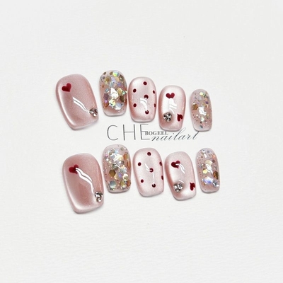 黑色猫眼爱心美甲|千人回购