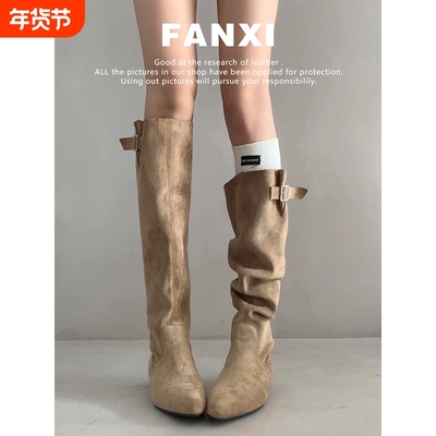 牛皮版~大筒围显瘦长筒堆堆靴女秋冬长靴复古尖头粗跟高筒西部靴