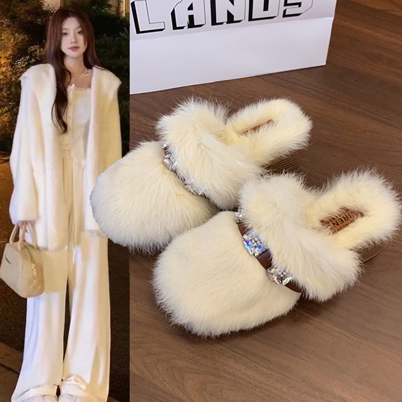 白色高跟毛毛拖鞋女外穿加绒保暖一脚蹬秋冬季2025新款勃肯棉拖鞋