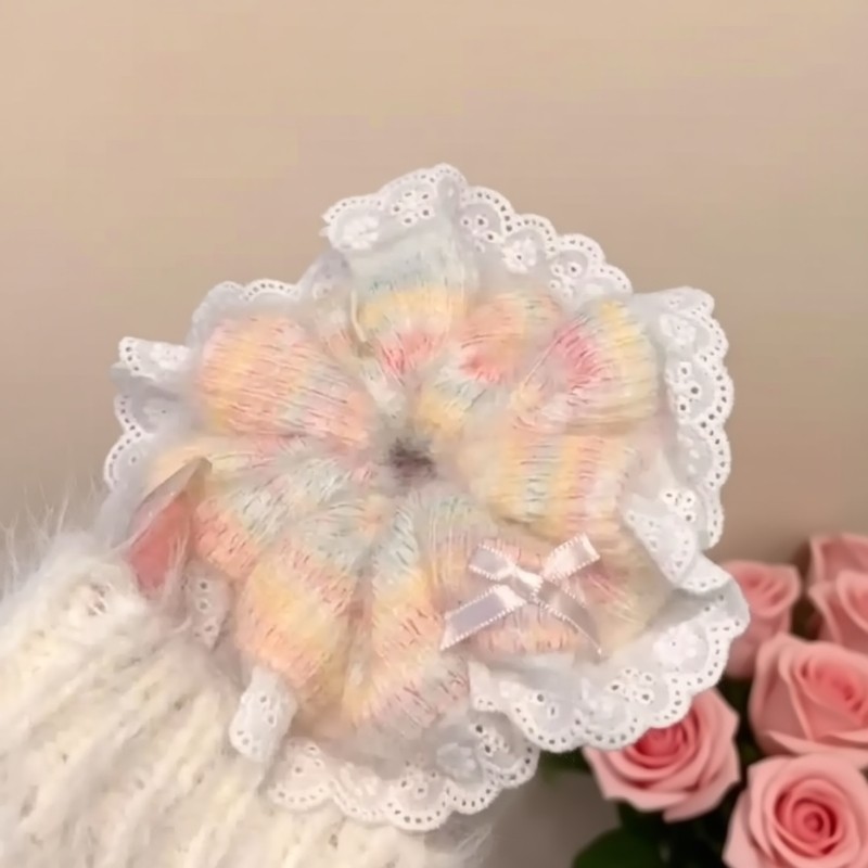 大肠毛绒发圈头绳甜美少女秋冬彩色法式高级蕾丝毛线马尾发绳发饰