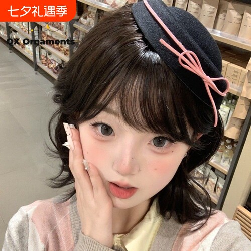 韩系可爱黑色丝绒蝴蝶结礼帽甜美少女jk圆顶贝雷帽水手海军帽子女