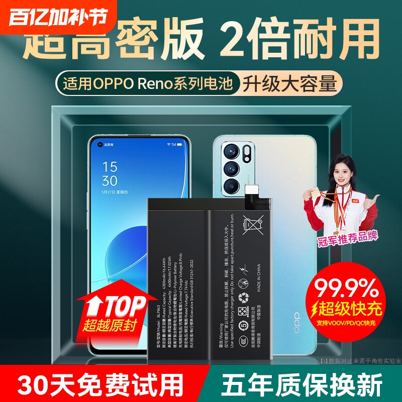 角能ace2适用OPPO reno6电池reno5原装reno3 reno4手机reno7大容量reno8 reno9原厂reno10倍变焦版2 Z pro+se