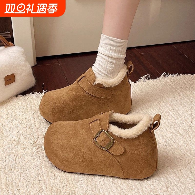 厚底内增高5CM加绒勃肯鞋女2025冬季乐福鞋保暖雪地靴棉鞋毛绒