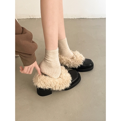 黑色粗跟小皮鞋女2025新款秋冬加绒保暖毛毛鞋玛丽珍一脚蹬高跟鞋