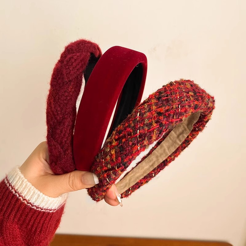 红色港风复古发箍女秋冬酒红色高颅顶编制头箍高级感发饰头饰格子