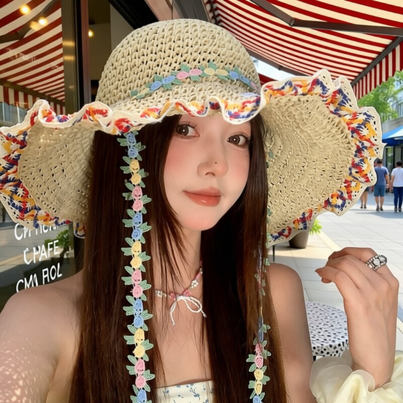 民族风大帽檐草帽帽子女夏海边度假沙滩遮阳防晒渔夫帽草编太阳帽