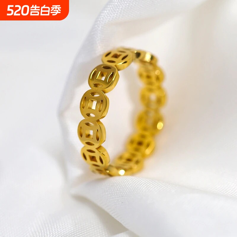 古法沙金铜钱戒指不掉色素圈旺财偏财戒指男士女士招财转运戒指