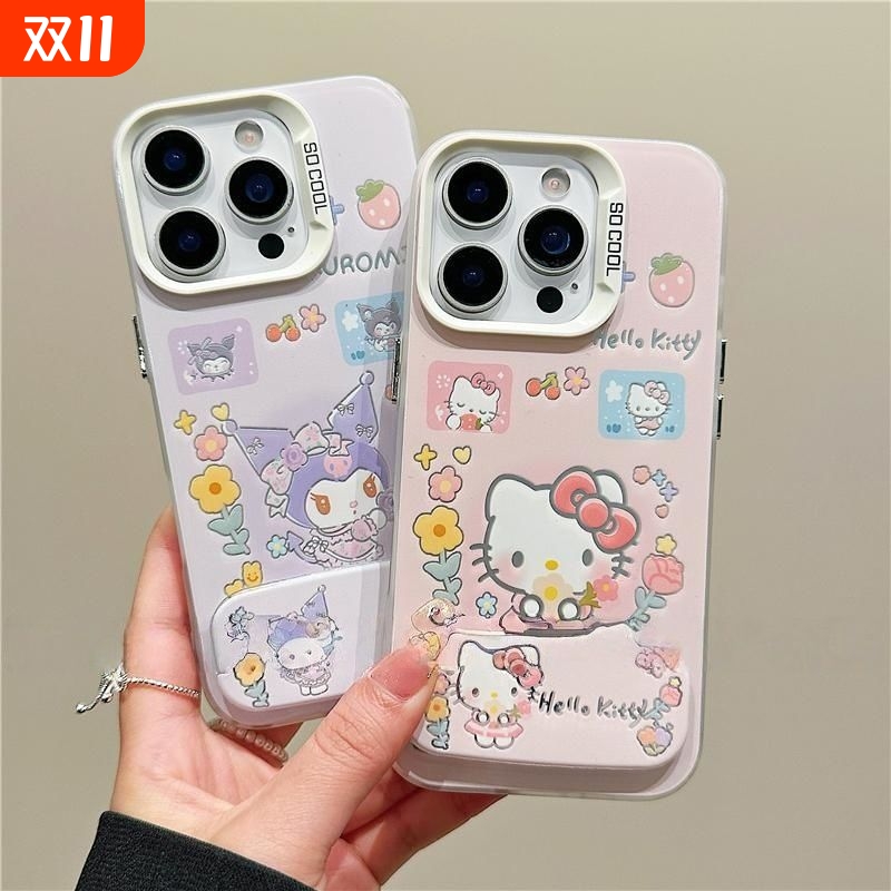 闺蜜15手机壳硬真我NEO7TURBO凯蒂猫库洛米iPhone13彩银12适用14高级感苹果16ProMax带镜面支架VIVOs30少女心