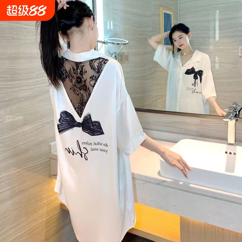 冰丝睡裙女夏季2024年新款网红风高级性感宽松大码衬衫睡衣可外穿