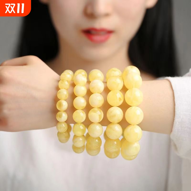 俄料白花优化二代鸡油黄蜜蜡手串琥珀108颗手饰白花蜜蜡圈手链礼