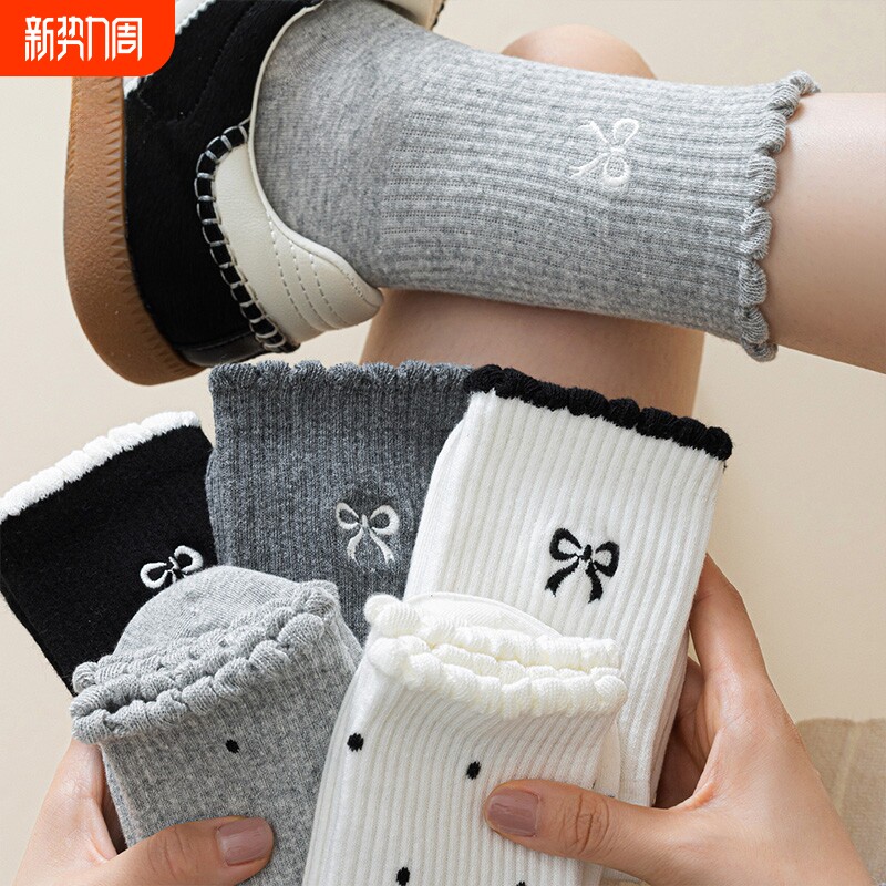 蝴蝶结袜子女款中筒袜春秋季纯棉芭蕾风长袜2025新款木耳边堆堆袜