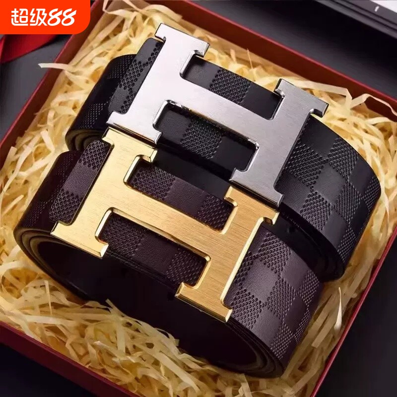 头层牛皮H金扣爱马男士皮带真皮高档平滑扣腰带商务百搭休闲裤带