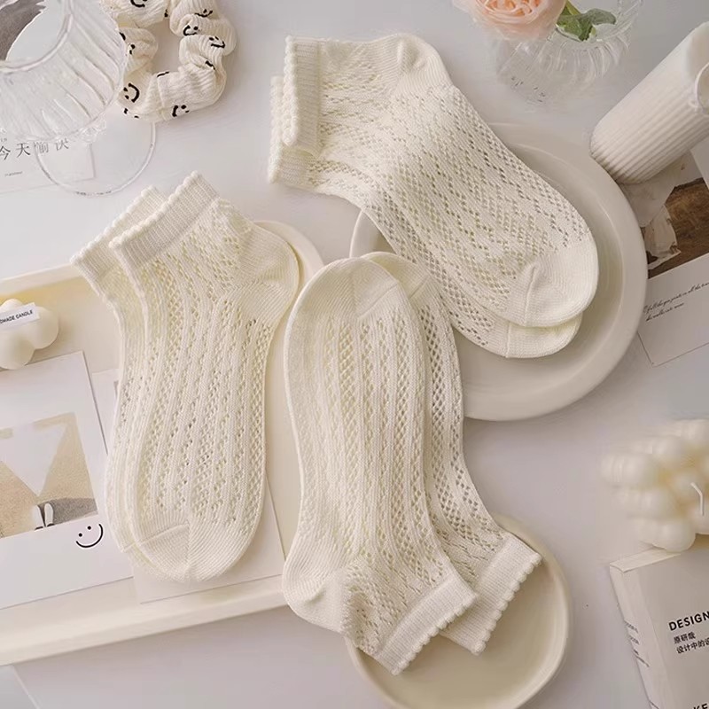镂空网眼女士袜子夏薄款女生纯棉透气防臭短袜花边短筒船袜女吸汗