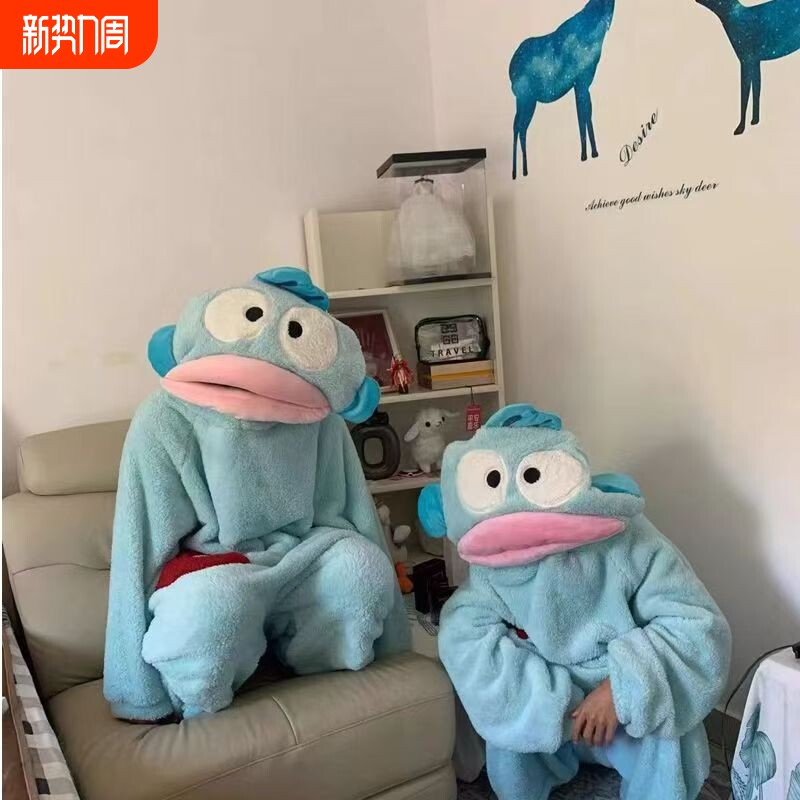 搞怪情侣连体睡衣女冬季厚珊绒卡通丑袋鱼大码睡毛绒加家动漫
