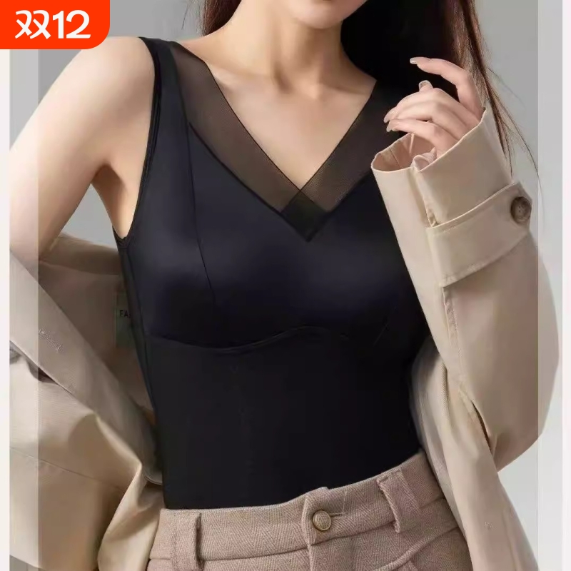 欧若风网纱拼接缎面背心无痕美背春秋纯色聚拢奢华上衣发热外穿