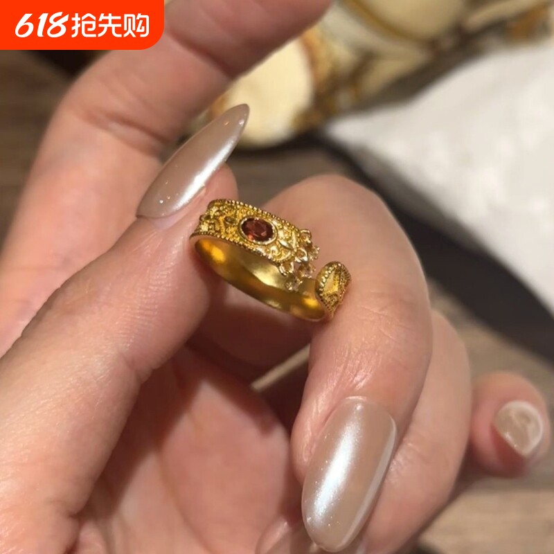 新中式气质雕刻戒指镶嵌复古宫廷风高级设计招财护佑指环开口调节