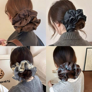 韩系格子蕾丝大肠发圈女豹纹风头花发绳超大丸子头发饰高级感头饰