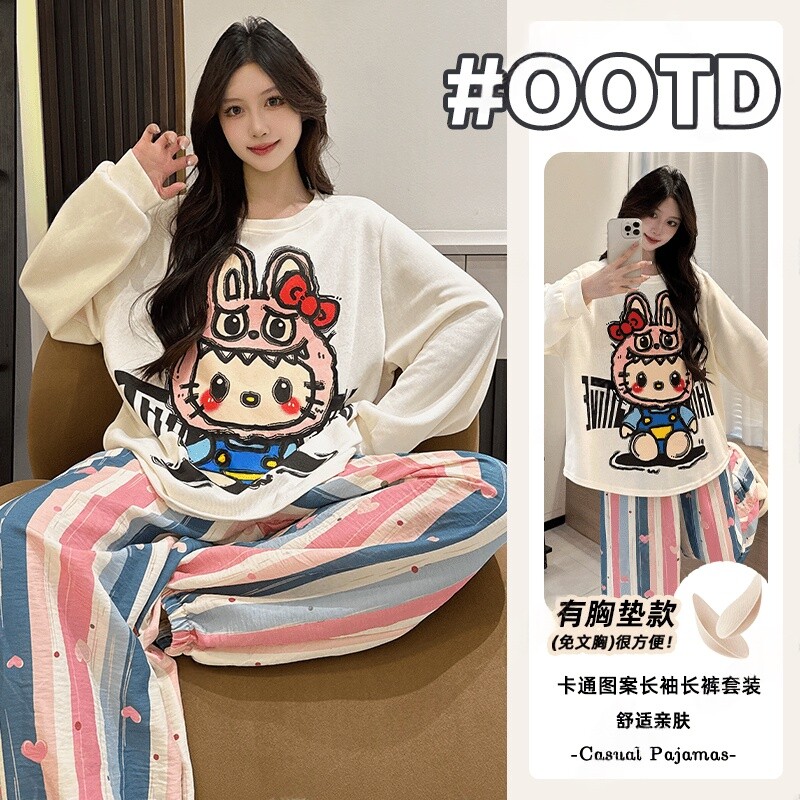 带胸垫睡衣女春夏款2026新款棉绸长袖可爱卡通女士大码时尚家居服