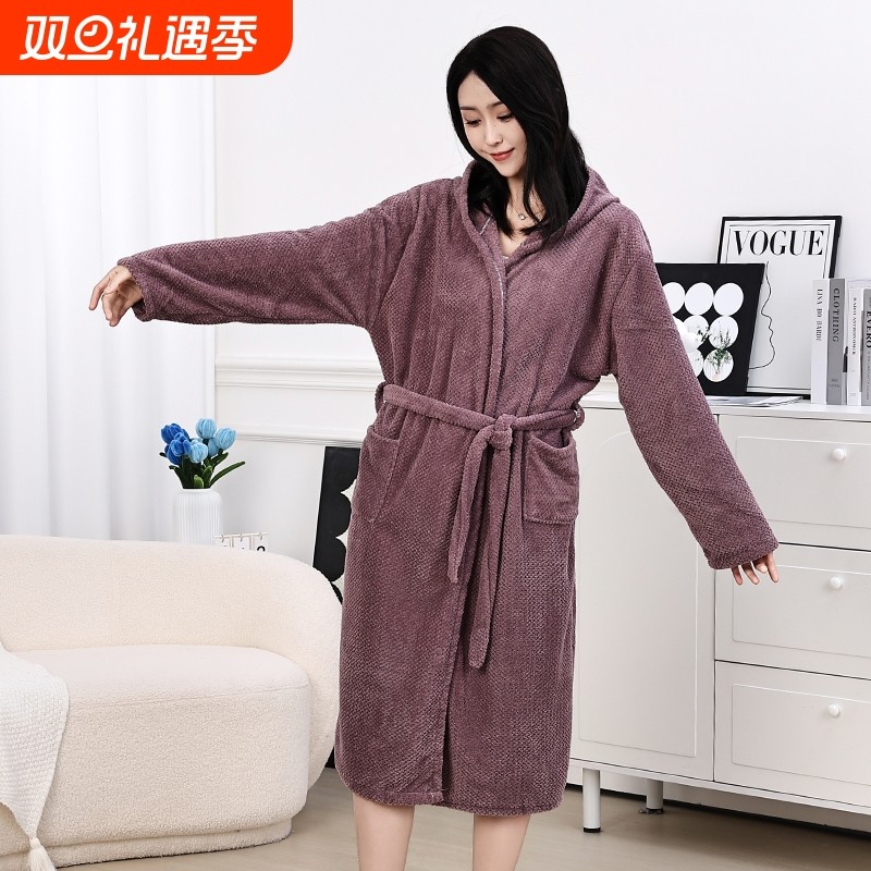 浴袍睡袍秋冬速干加长洗澡浴衣加厚女学生情侣吸水中长款带帽睡衣