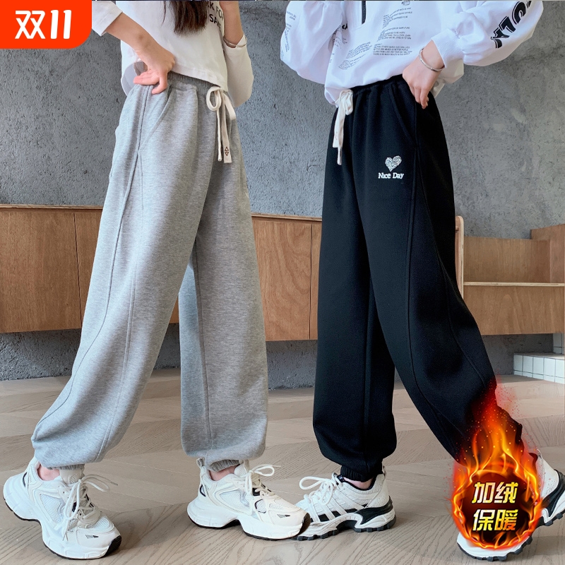 女童裤子秋冬新款2025女孩中大童长裤儿童运动卫裤加绒黑色潮防风