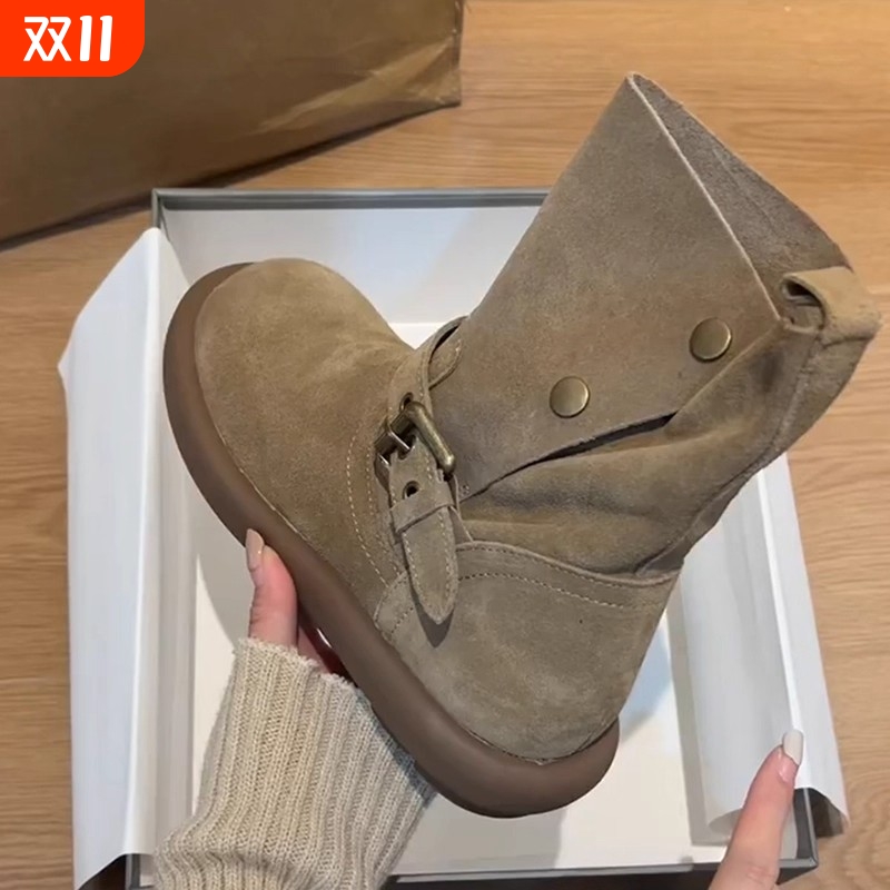 软皮版！美拉德西部牛仔靴女复古磨砂皮圆头皮带扣厚底勃肯小短靴