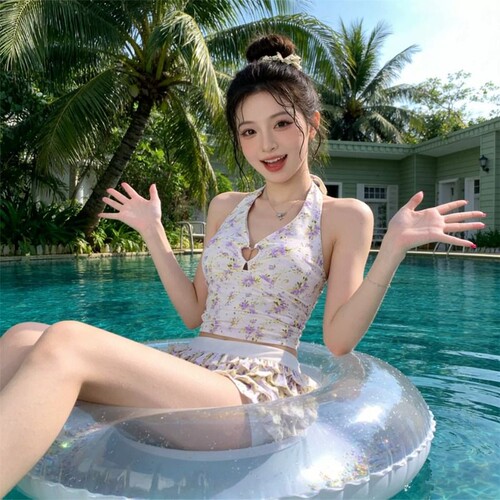 泳衣女碎花挂脖分体裙式度假泳装