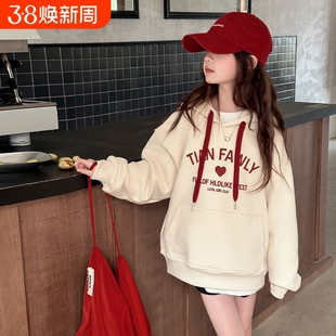卫衣女童2026新款春装春季中大童连帽上衣女孩打底衫加绒红色白色