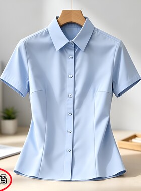气质修身款通勤显瘦短袖蓝色衬衫女夏季爆款大码职业工作服白色