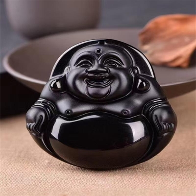 天然笑佛黑曜石弥勒佛项坠男女款项链黑耀石正品玉佛吊坠挂件饰品