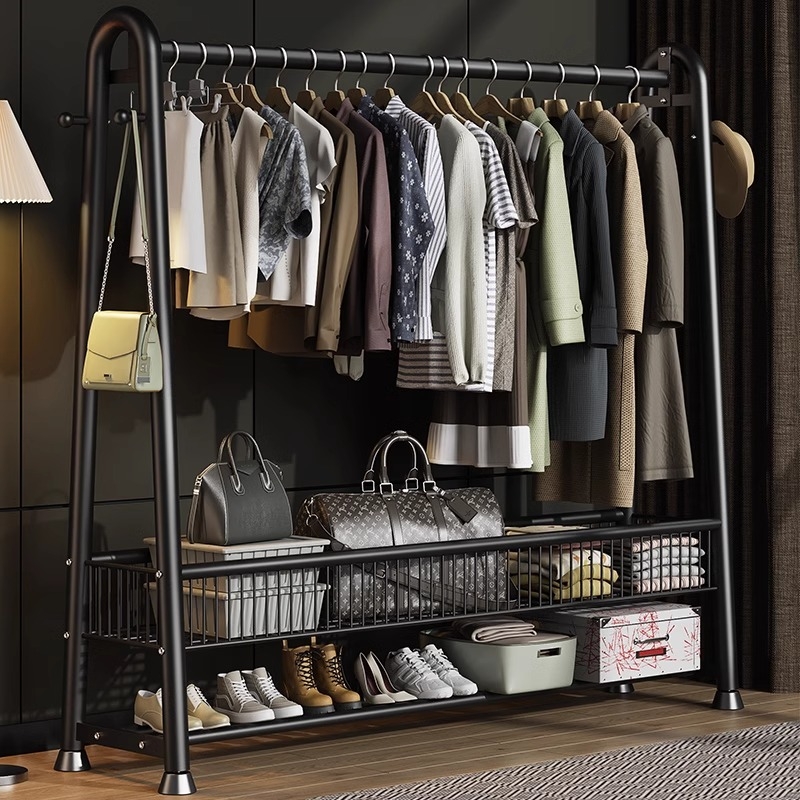 晾衣杆落地卧室移动家用挂衣架阳台小折叠室内晾衣架双层钢管置物