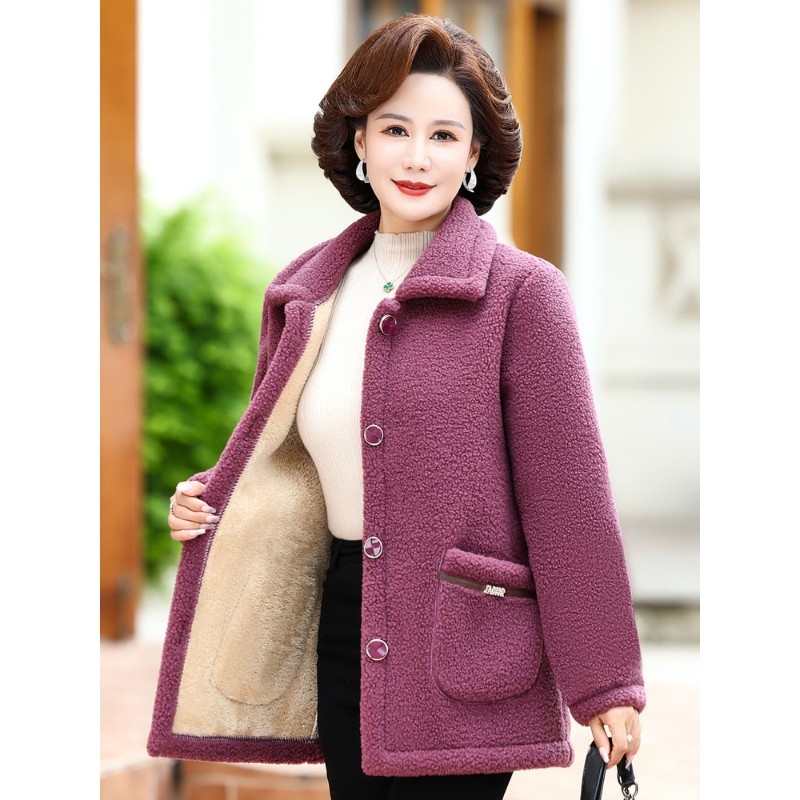 妈妈秋冬羊羔绒外套短款颗粒绒中老年女加绒加厚上衣中长款红色