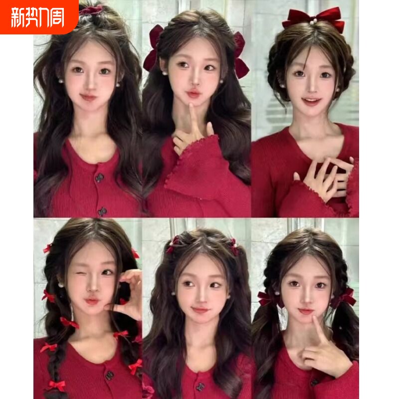 韩剧女主珍珠立体蝴蝶结红色丝绒顶夹发带发卡侧边发夹过年头饰