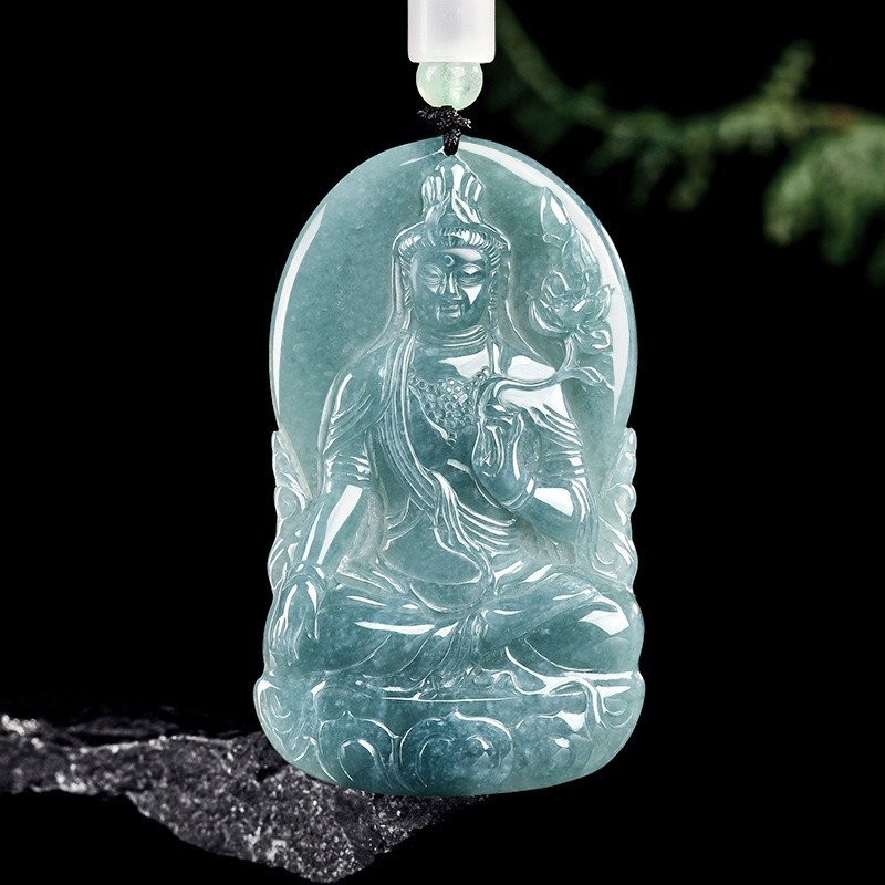 天然A货翡翠蓝水大势至菩萨观音玉石吊坠生肖马守护神本命佛挂件