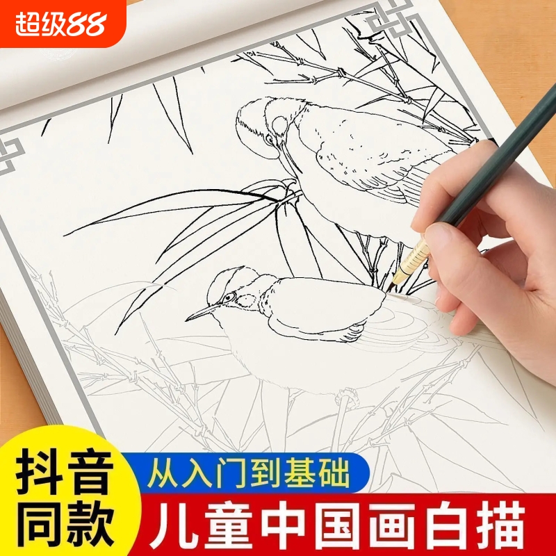 中国画白描入门临摹画册画本底稿控笔山水画线稿工笔画画稿花鸟初学者套装宣纸卡纸水墨毛笔书法练习成人训练荷花绘画花卉美术