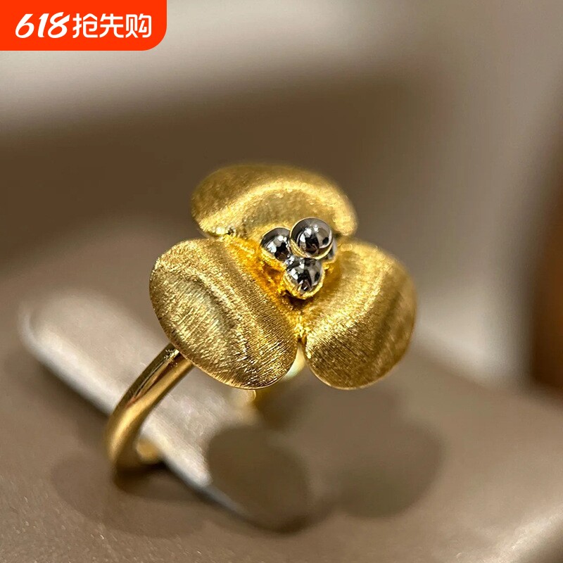 新中式气质拉丝玉兰花戒指复古宫廷风繁花小金花精致指环开口调节