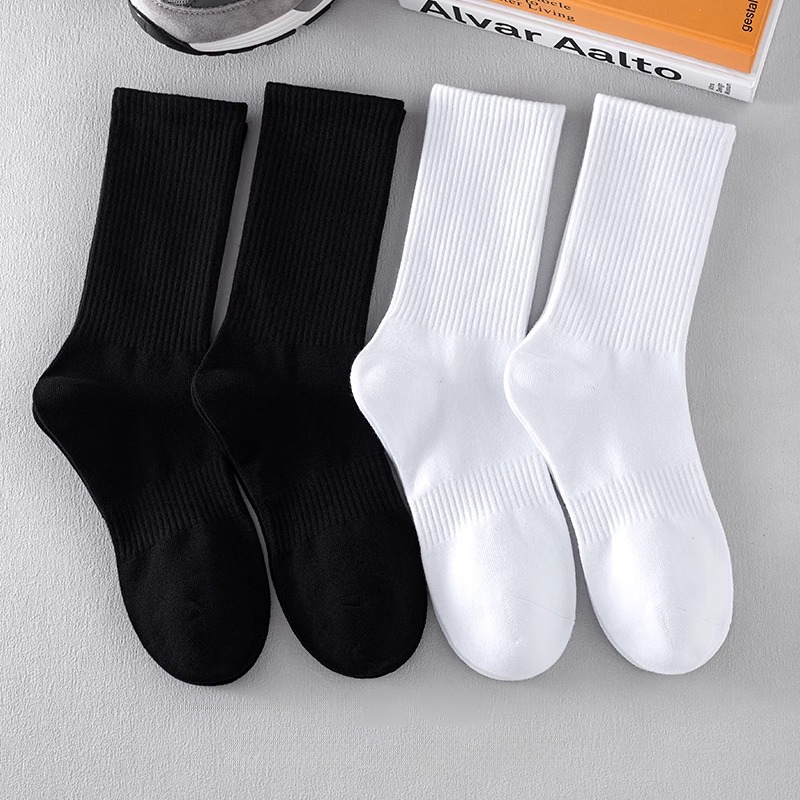 袜子男款纯棉防臭春秋吸汗中筒袜黑白色毛巾底男士运动长袜不闷脚