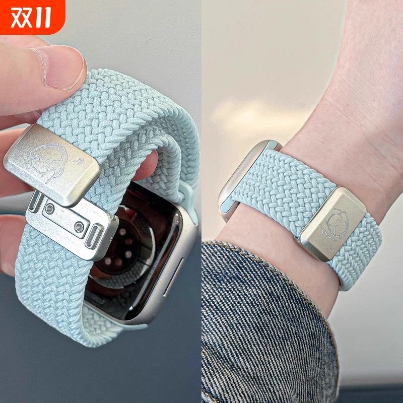 适用苹果S10手表S9表带iwatch11尼龙小狗applewatch8代编织7磁吸S7弹力SE腕带S6高级542mm运动智能蓝色红色