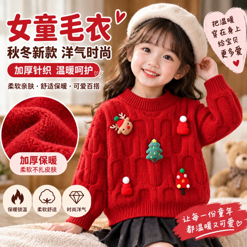 巴拉欣欣女童毛衣秋冬儿童冬装女宝宝圣诞节针织打底红色圣诞树