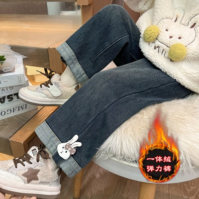 女童一体绒阔腿牛仔裤加厚裤子