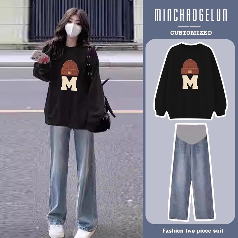 美式复古孕妇套装女春秋款小个子宽松大码内搭潮牌袖扣别致上衣