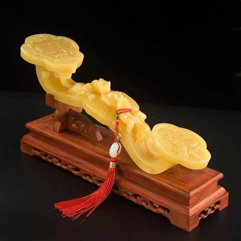 天然米黄玉二龙戏珠如意摆件纯手工玄关装饰摆设礼品玉石送礼桌面