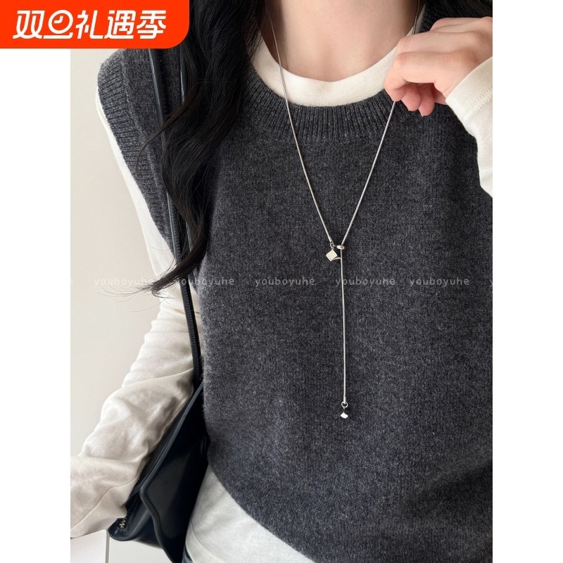 韩系银色方糖钛钢抽拉项链女独特设计秋冬长款毛衣链时尚百搭配饰