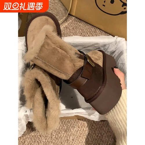真皮厚底皮毛一体桑坡两穿长筒雪地靴女冬季加绒保暖短靴毛毛棉鞋