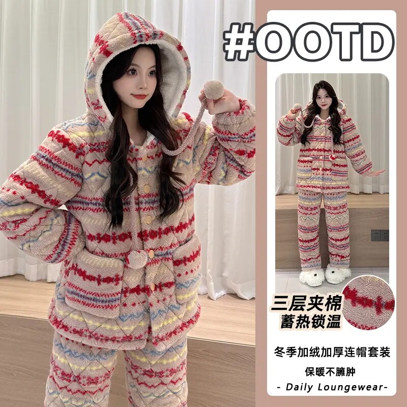 珊瑚绒睡衣女款冬季2025新款三层夹棉加厚费尔岛女士可外穿家居服