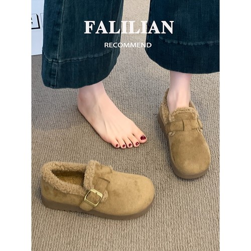 加绒勃肯鞋女2025新款爆款冬季豆豆棉鞋子保暖毛毛鞋一脚蹬雪地靴