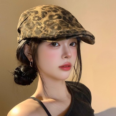 豹纹前进帽贝雷帽美式复古辣妹女秋小众y2k大头围百搭显脸小帽子