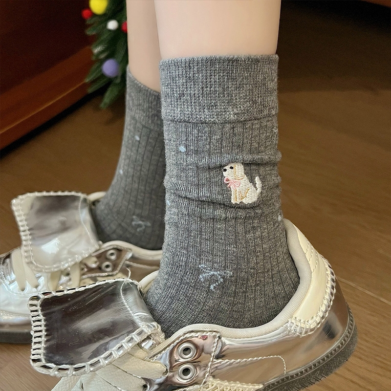 猫狗提花灰色袜子女中筒袜ins潮纯棉春秋款日系卡通可爱堆堆长袜