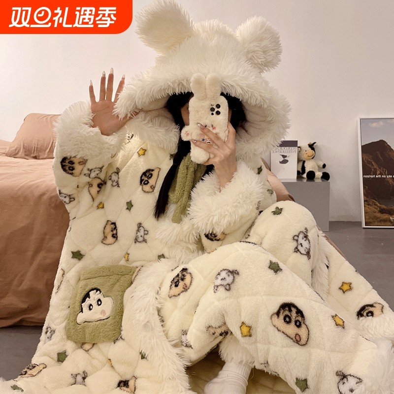 诺盾睡袍冬款女三层夹棉加厚保暖珊瑚绒睡衣新款女士家居服可外穿