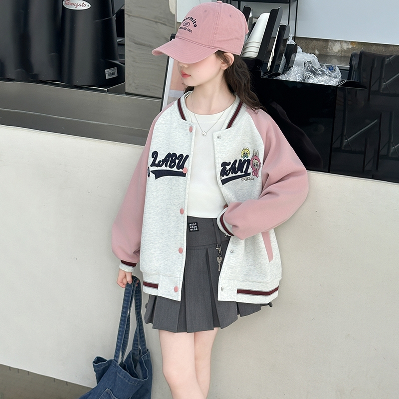 女童秋装棒球服外套2025秋季中大童运动服儿童春秋款上衣女孩粉色