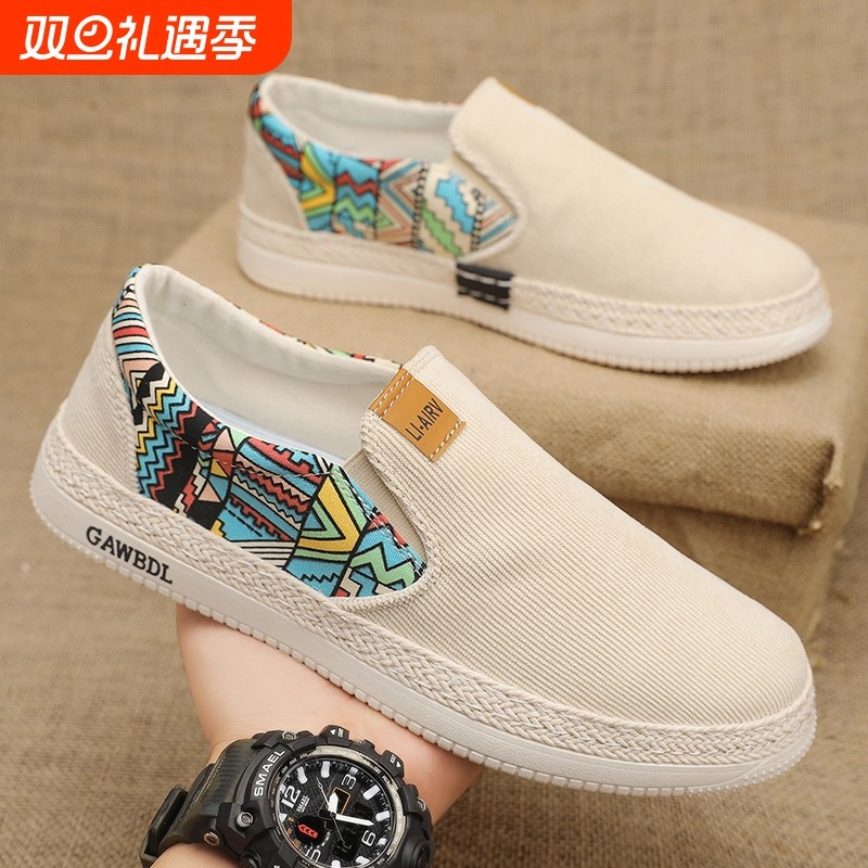 老北京布鞋男士2025新款夏秋透气休闲帆布鞋千层底一脚蹬薄款潮鞋